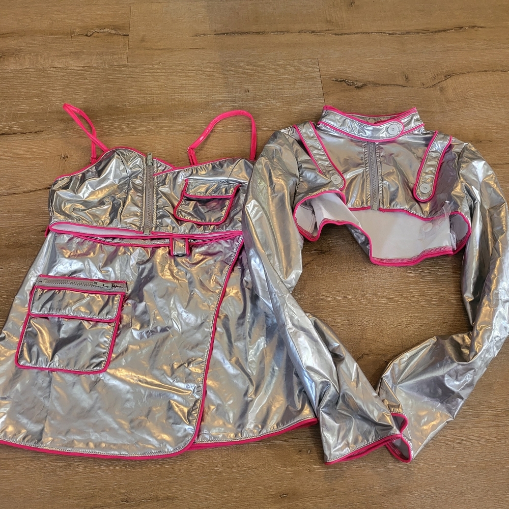 Dolls Kill Silver Metallic Crop Jacket and Mini Dress with Hot Pink Trim